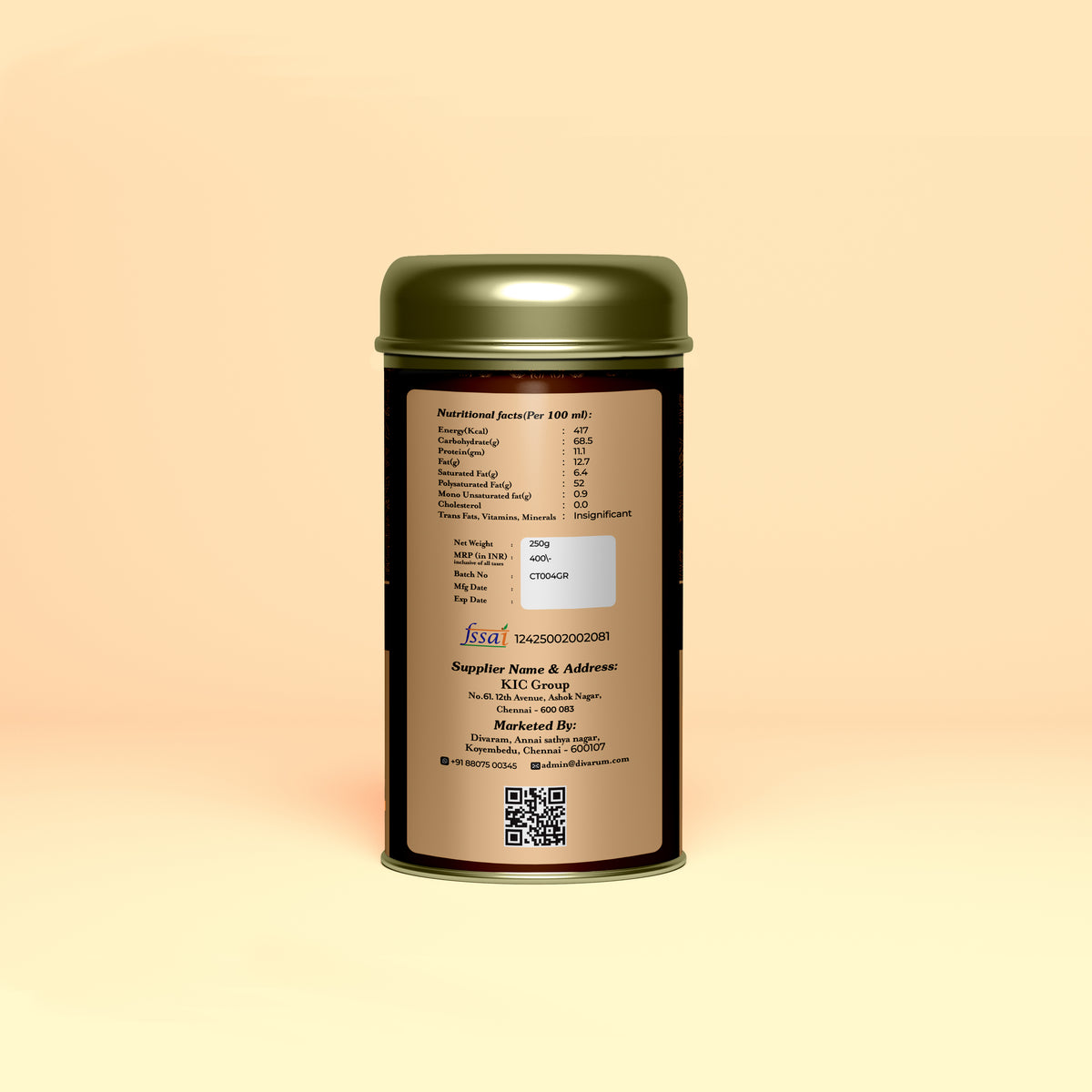 Divarum Degree Drip Coffee nutritional information label