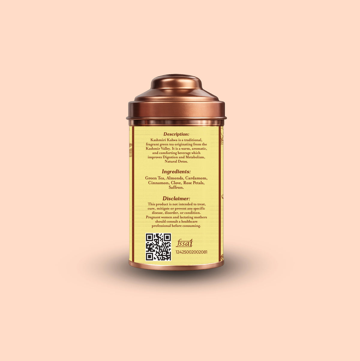 Divarum Himalayan Brew Kashmiri kahwa tea packaging showing product description, ingredients and disclaimer