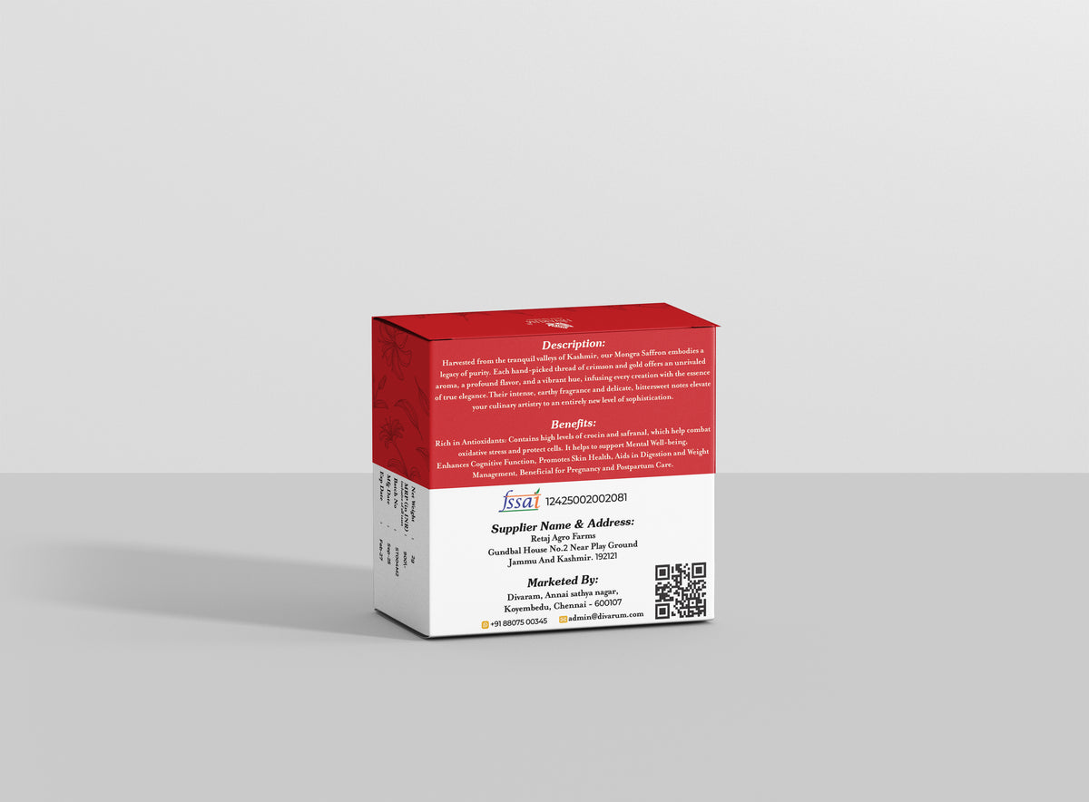Divarum Kashmiri Mongra Saffron description, benefits and product information label