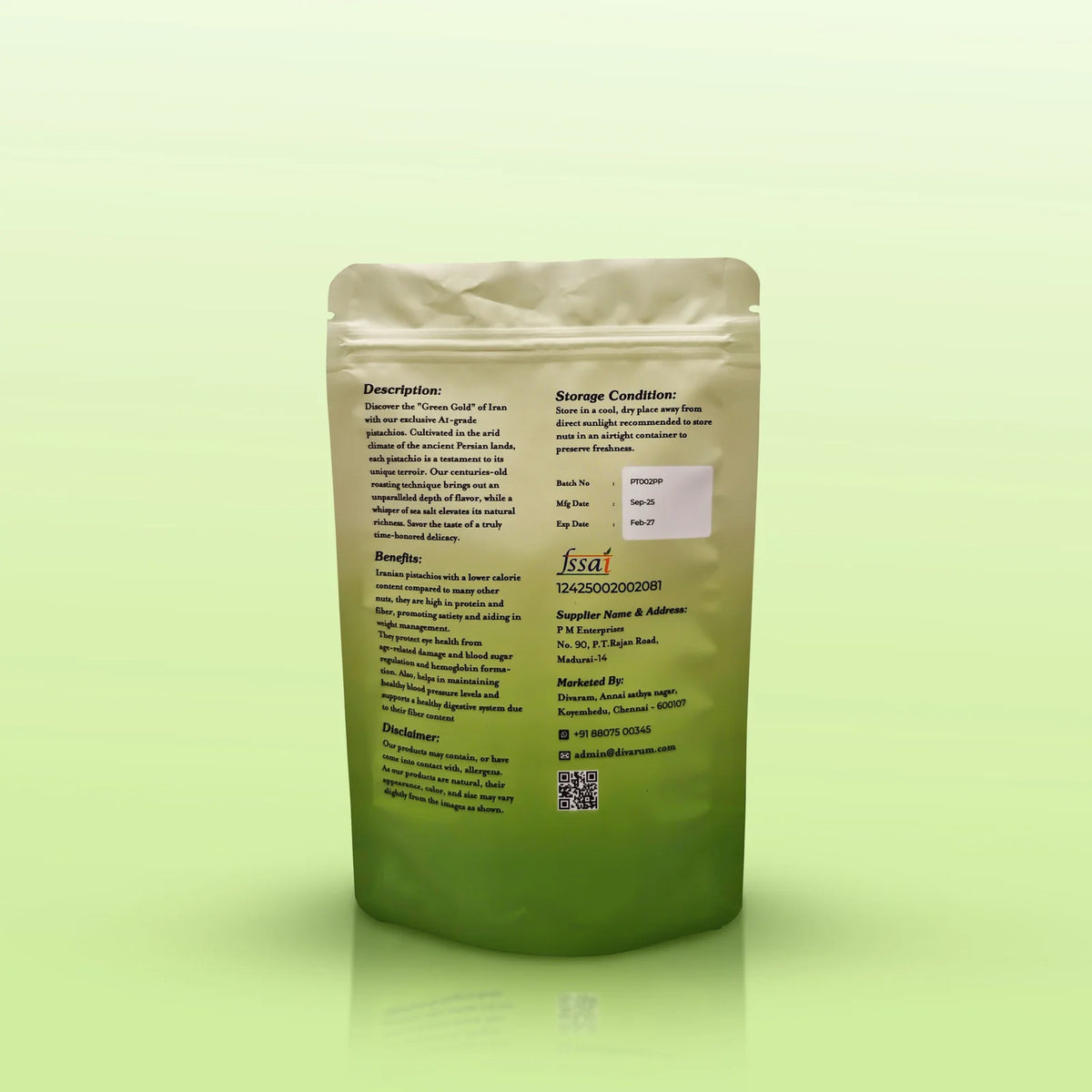 Divarum Persian Pistachios packaging showing product description, benefits and storage information
